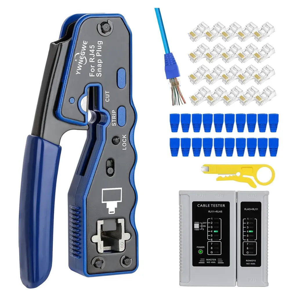 RJ45 Crimp Tool Kit with Tester, Pass-Through, Cat5e/Cat6